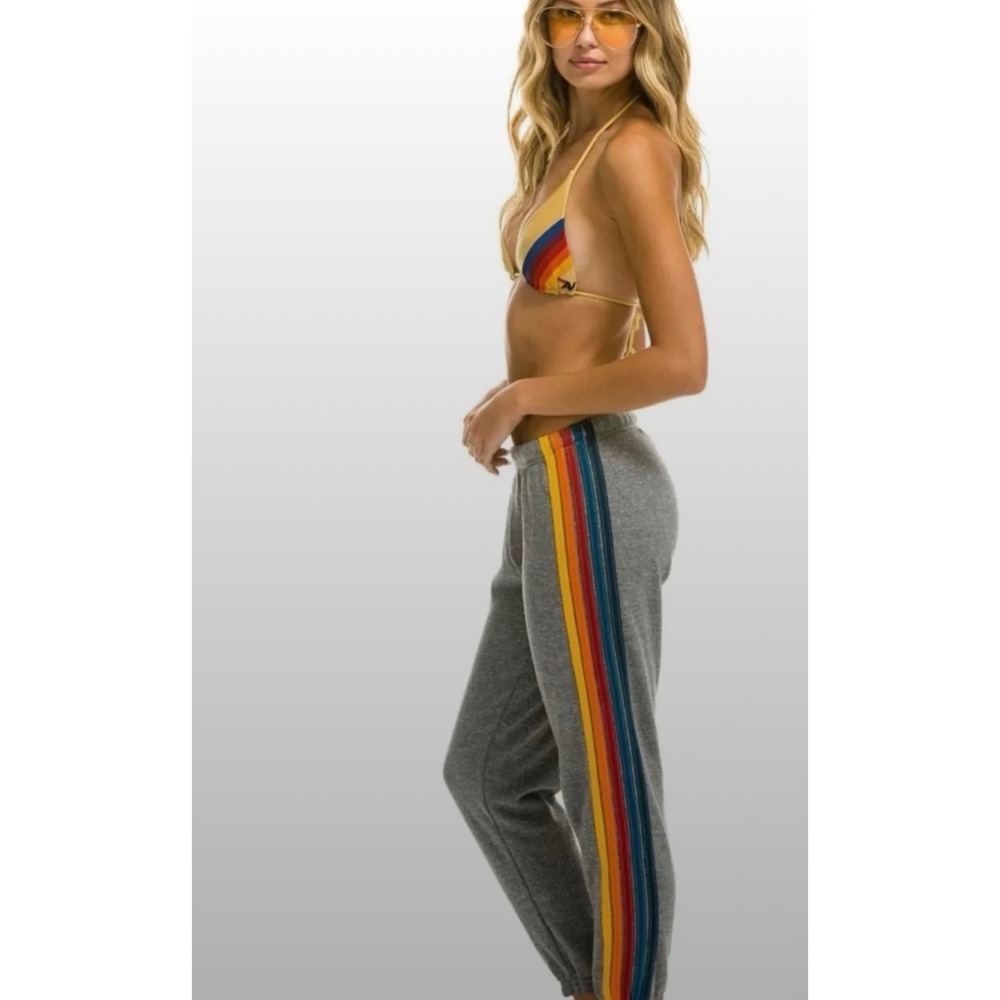 Aviator Nation 5 Stripe Sweatpants Heather Grey Rainbow Joggers Womens SIZE XS